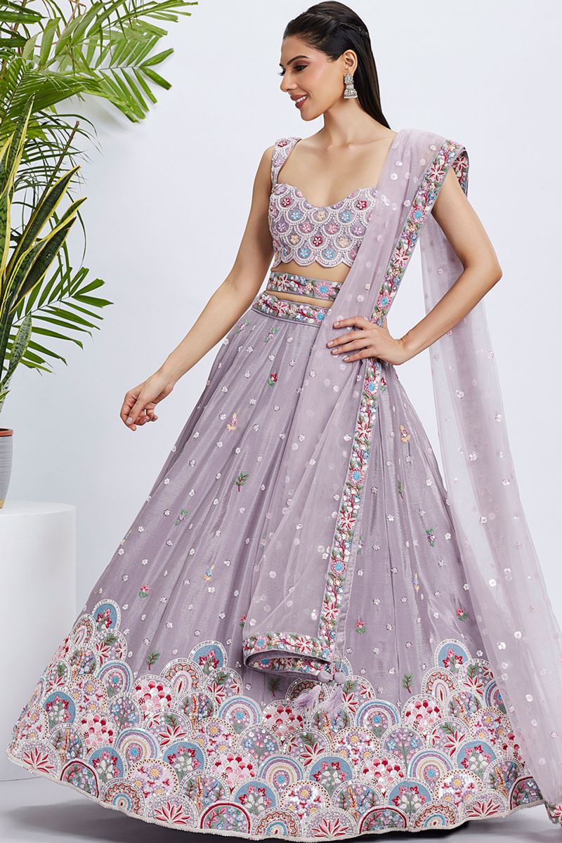 Sequins Work On Purple Chiffon Sangeet Wear Chaniya Choli With Designer Blouse