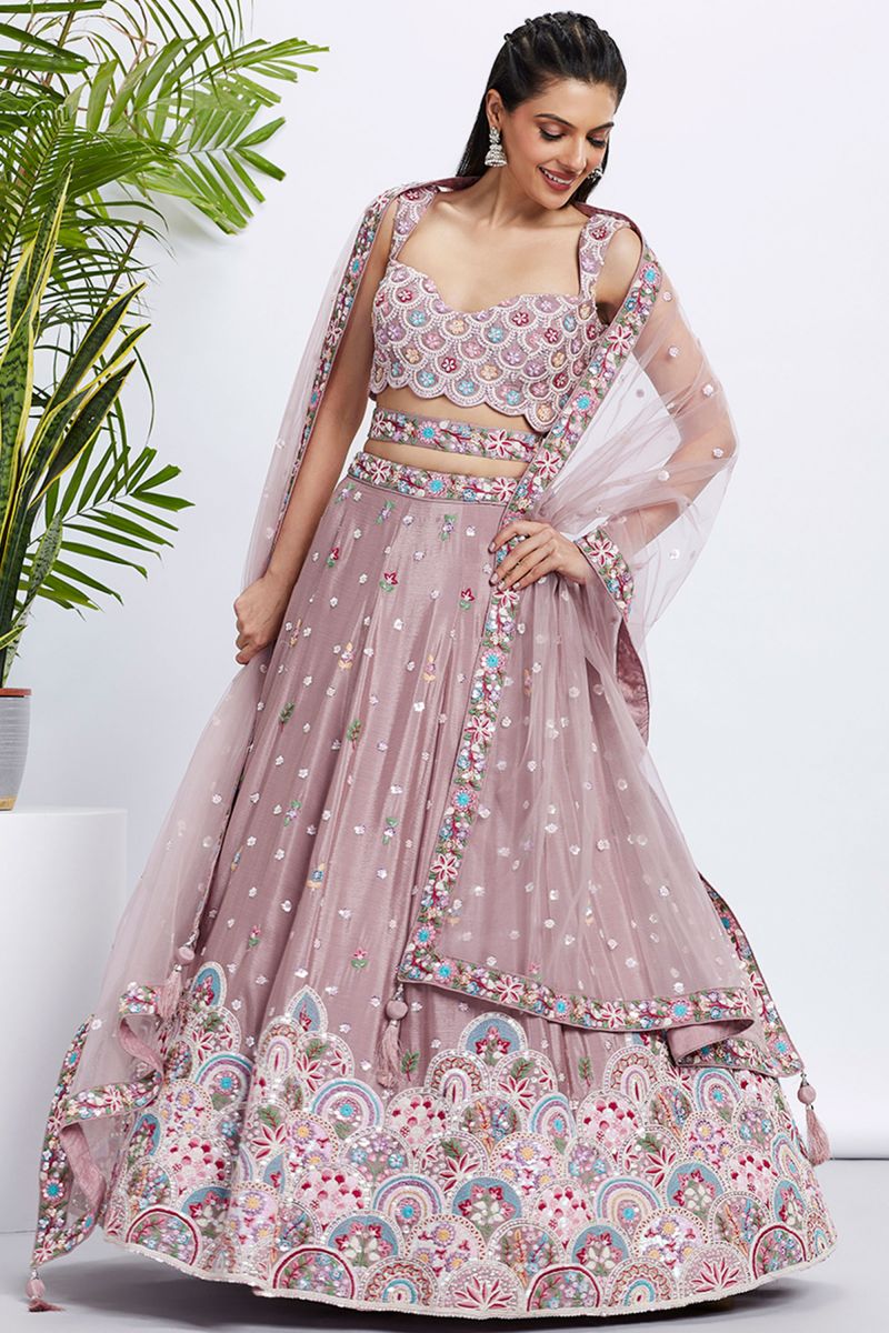 Sequins Work On Rose Gold Lehenga In Chiffon Fabric With Mesmeric Blouse