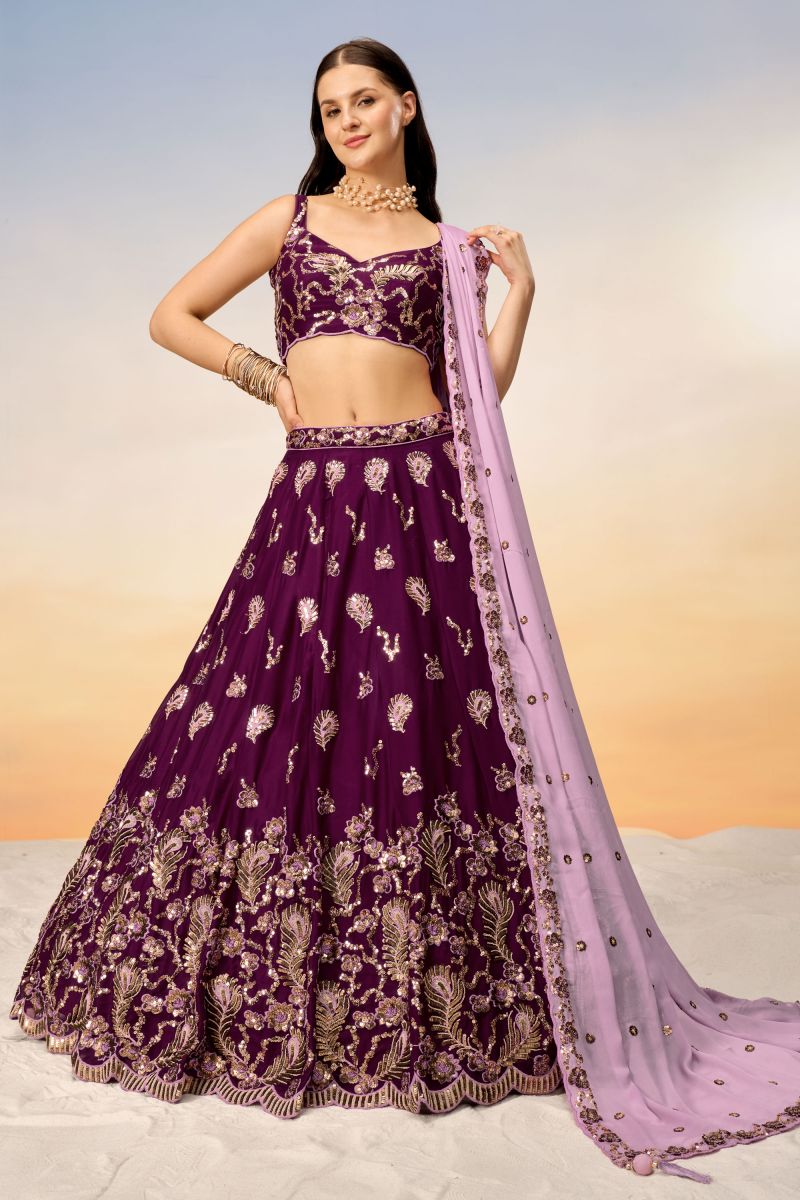 Sequins Work Occasion Wear Lehenga In Wine Georgette Fabric