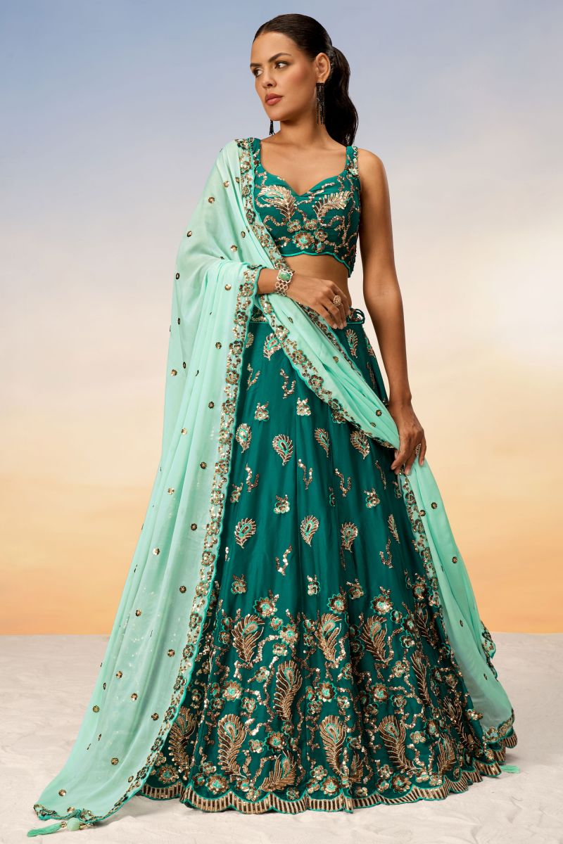 Sequins Work On Green Designer 3 Piece Lehenga Choli In Georgette Fabric