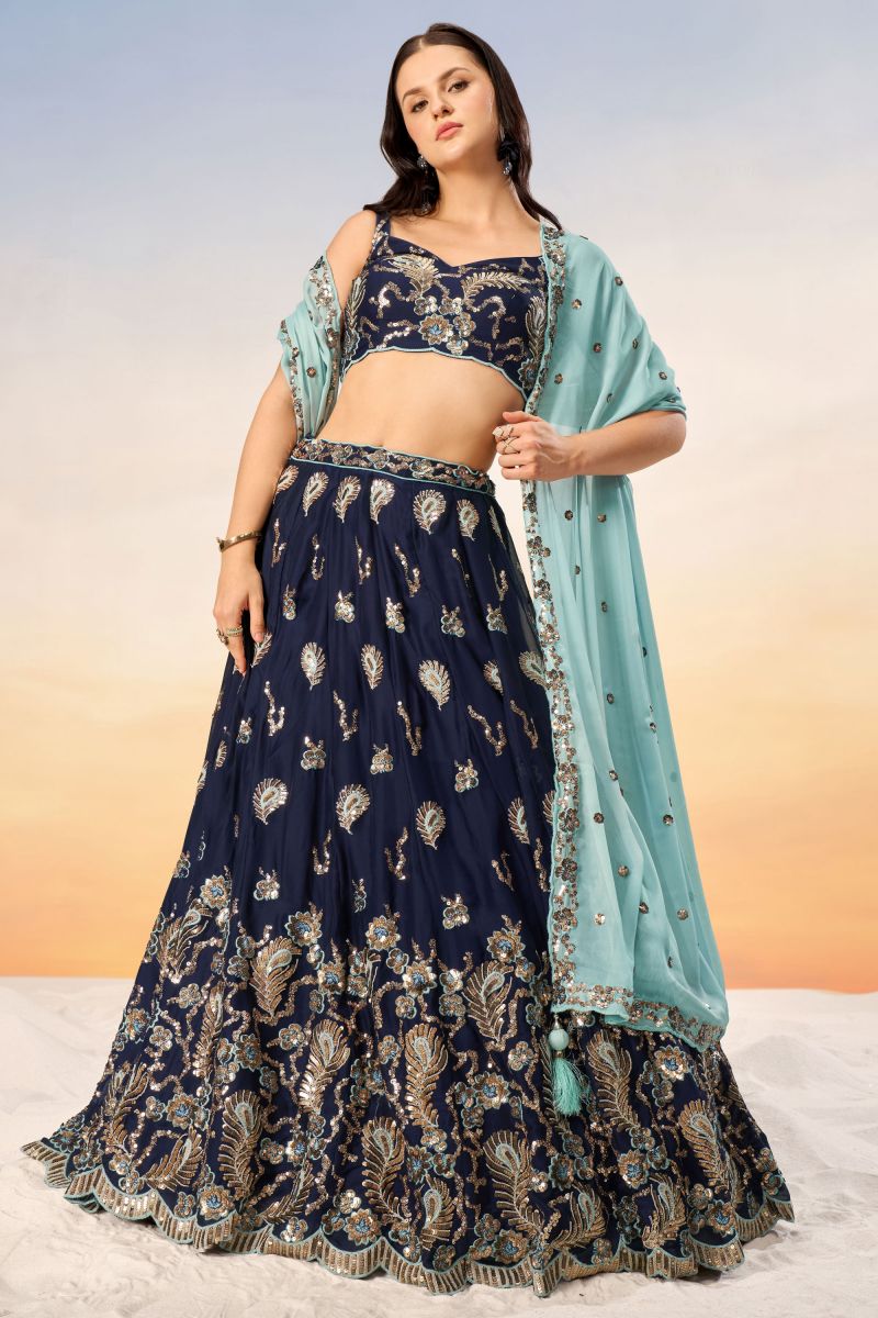 Georgette Festive Wear Lehenga Choli In Navy Blue With Sequins Work