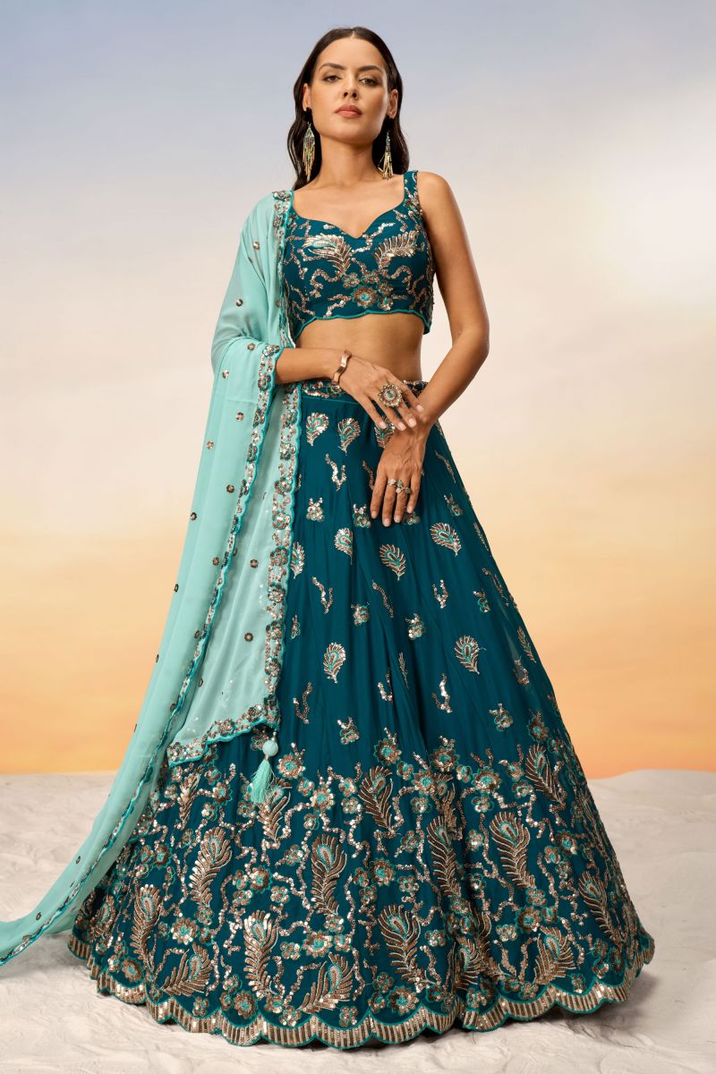 Teal Georgette Occasion Wear Lehenga Choli With Sequins Work