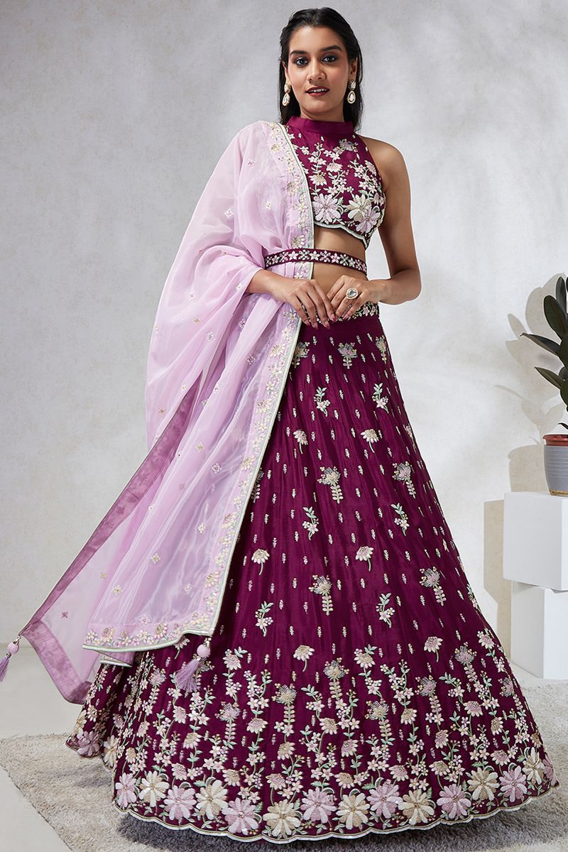 Georgette Fabric Burgundy Designer 3 Piece Sequins Work Lehenga Choli