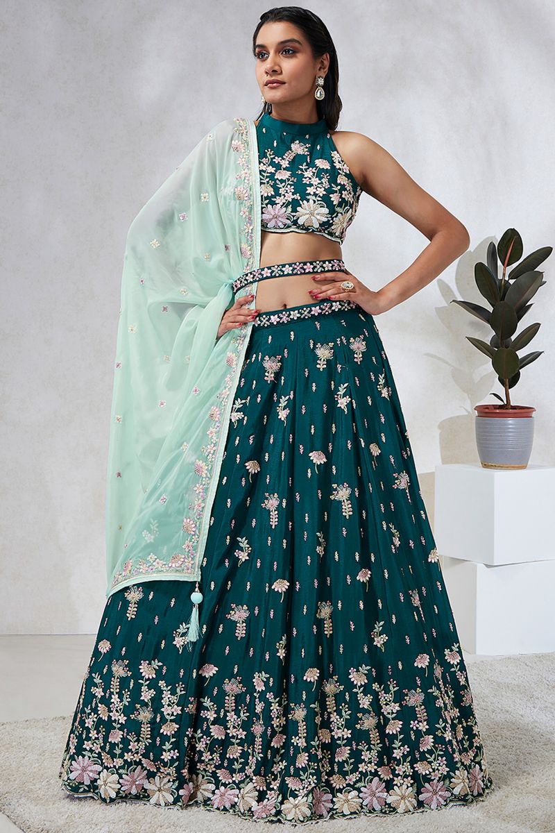 Green Sequins Work Georgette Fabric Lehenga Choli