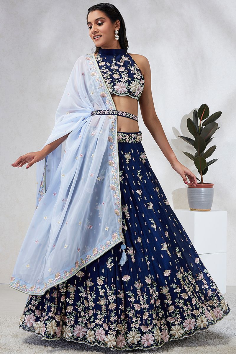 Sequins Work Navy Blue Georgette Fabric Occasion Wear Lehenga Choli