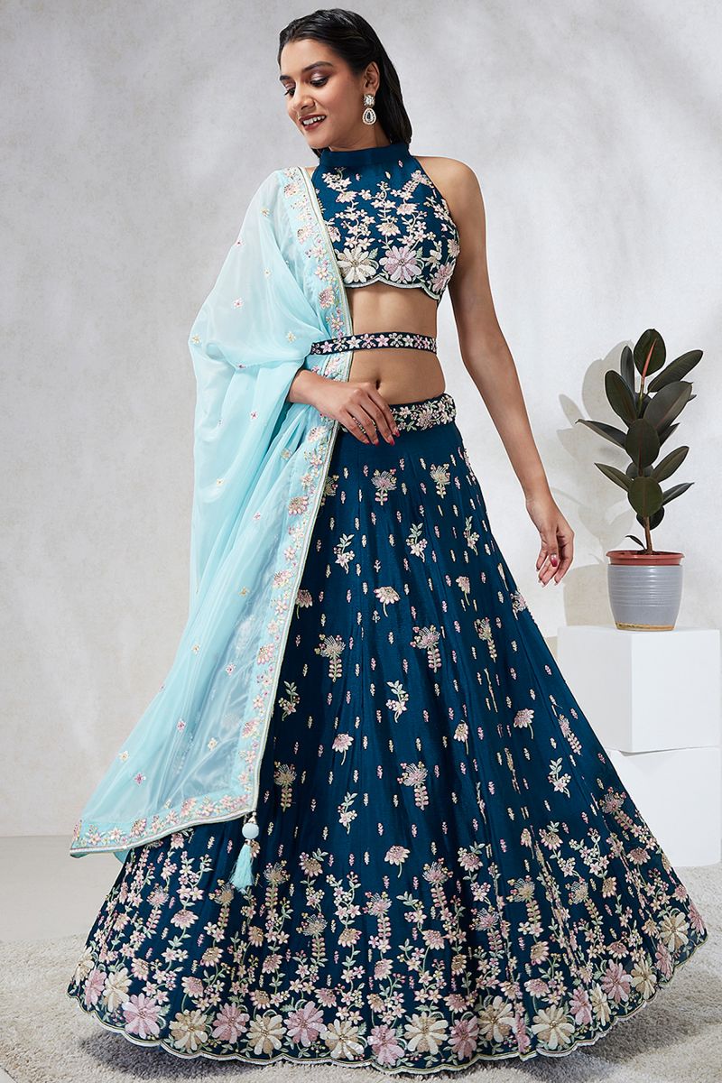 Sequins Work Designs Georgette Fabric Teal Lehenga Choli