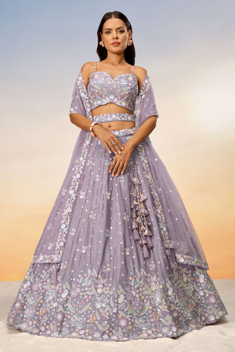 Sequins Work On Lavender Sangeet Wear Chiffon 3 Piece Lehenga Choli