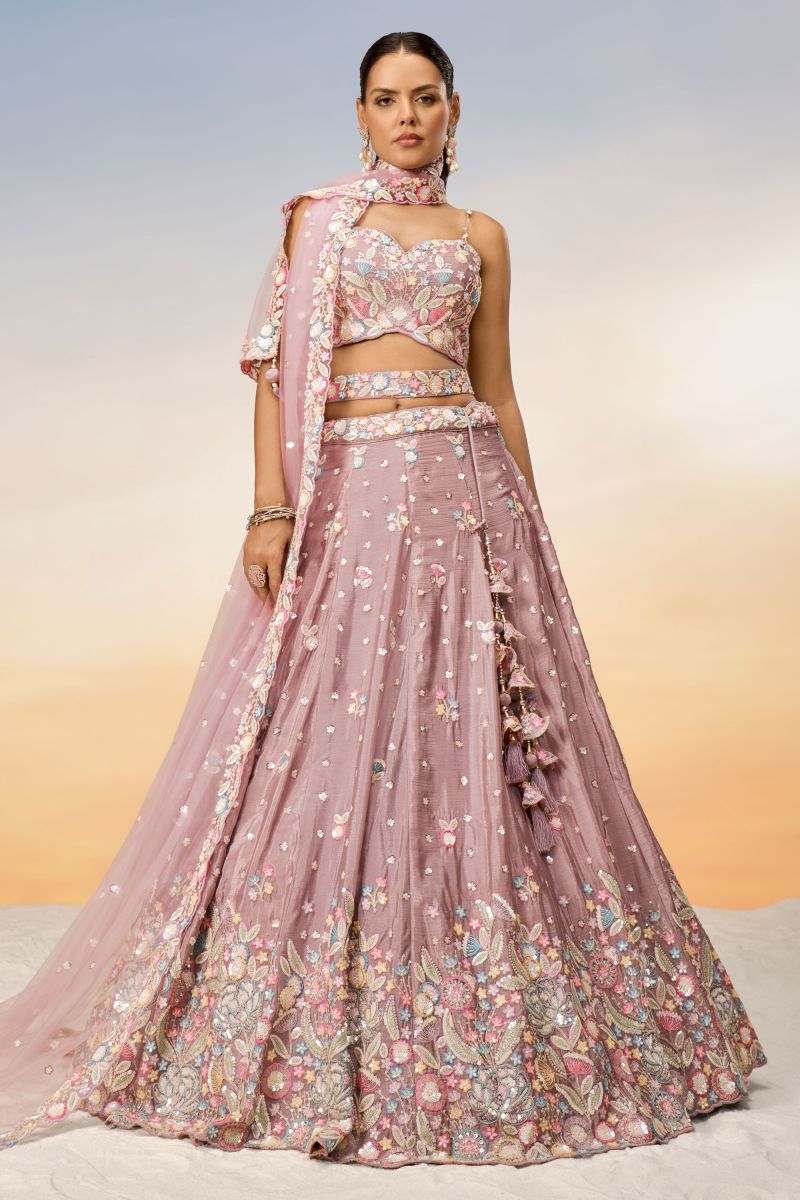 Chiffon Pink Designer Sequins Work On Top Lehenga Choli