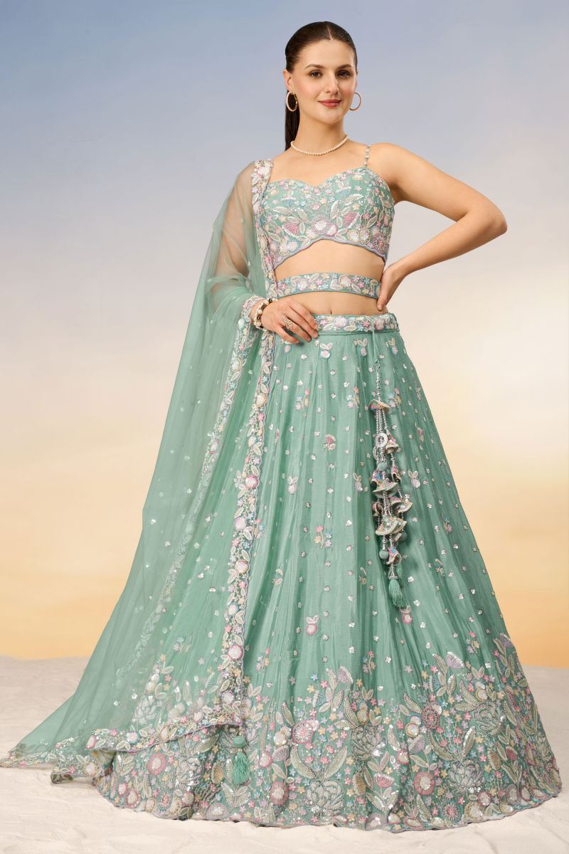 Sea Green Sequins Work On Wedding Wear Chiffon Lehenga Choli