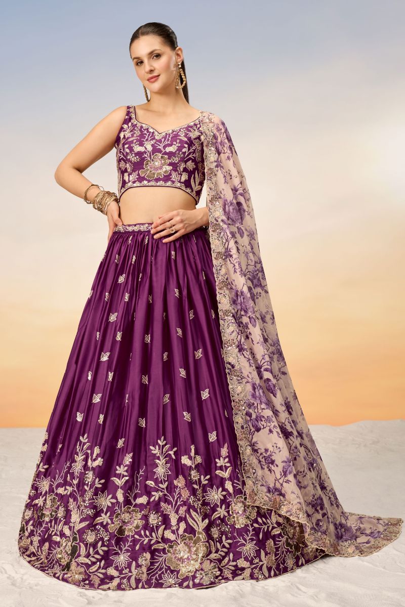 Sequins Work Purple Designer Lehenga Choli In Chiffon Fabric