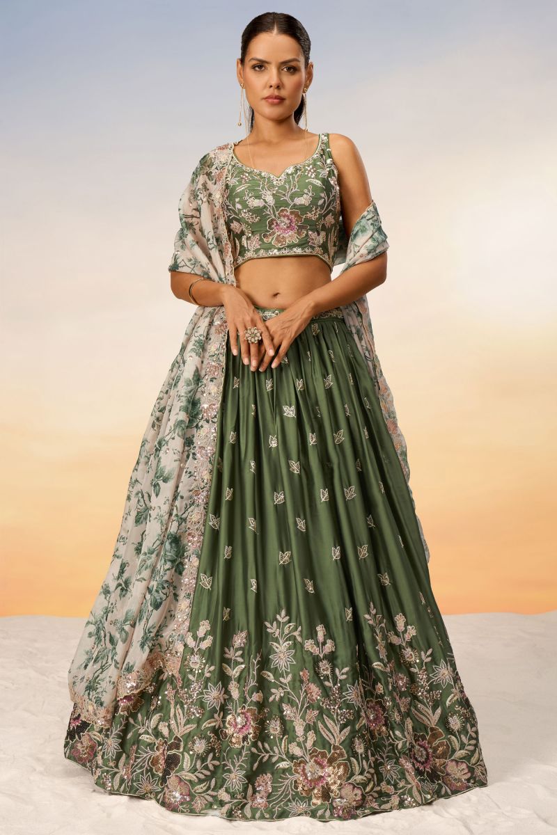 Sequins Work Green Bridal Lehenga In Chiffon Fabric with Designer Choli