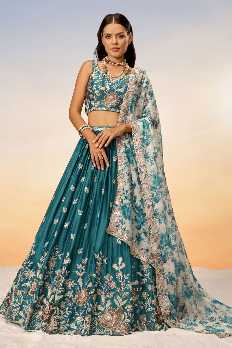 Teal Chiffon Wedding Wear 3 Piece Lehenga Choli With Sequins Work