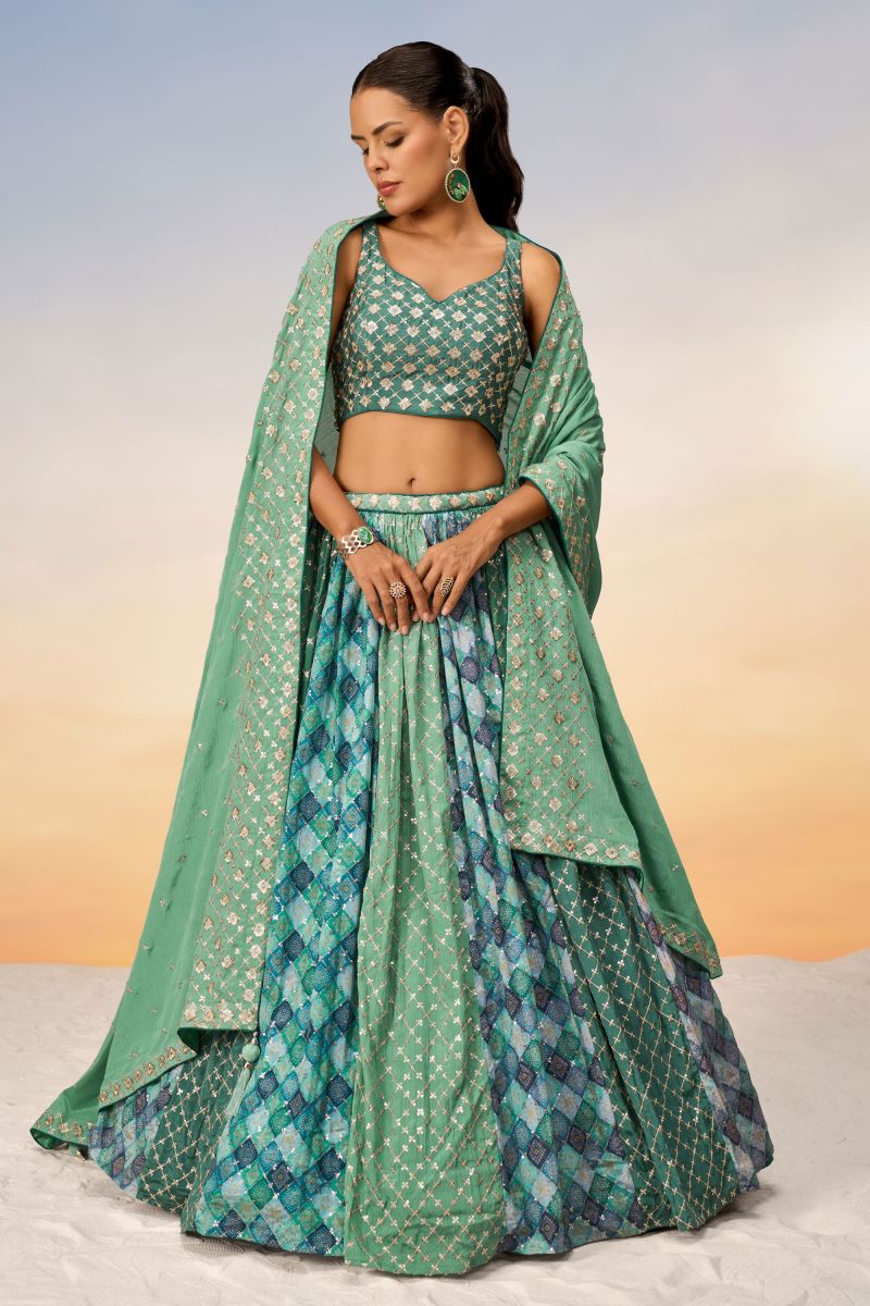 Chiffon Sea Green Wedding Wear 3 Piece Lehenga Choli With Sequins Work