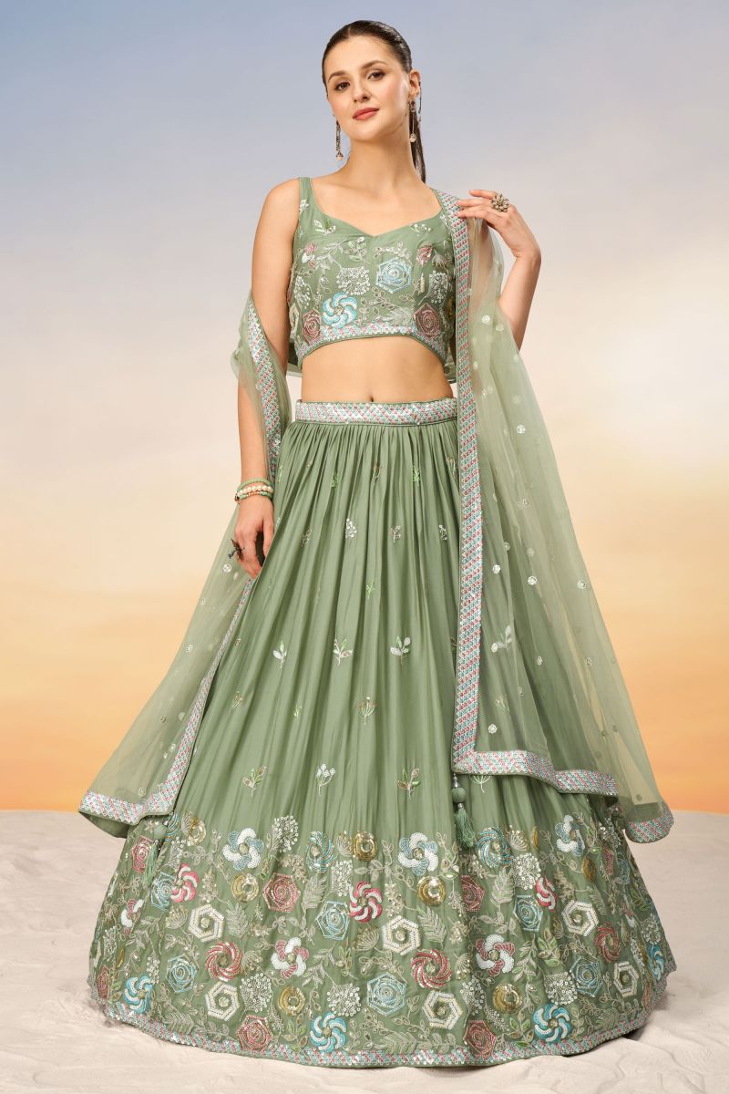 Sea Green Sequins Work Wedding Wear Lehenga Choli In Georgette Fabric