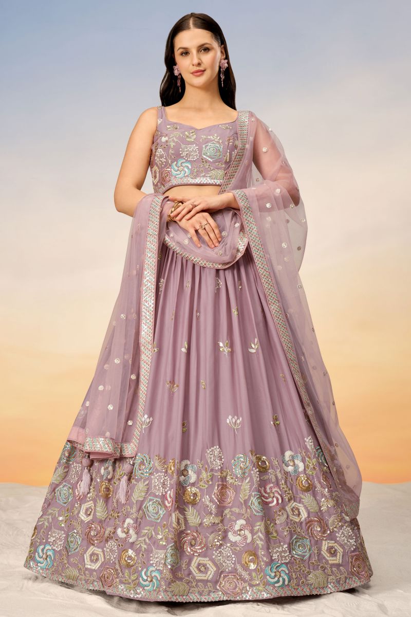 Lavender Georgette Sangeet Wear Lehenga Choli With Sequins Work