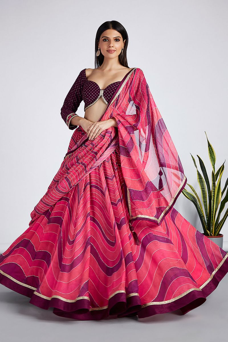 Pink Organza 3 Piece Lehenga With Printed Work And Alluring Blouse