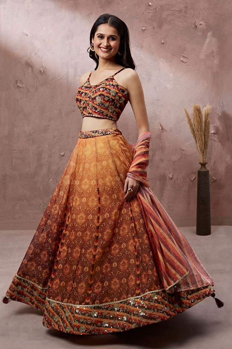 Orange Organza Lehenga With Printed Work And Enchanting Blouse