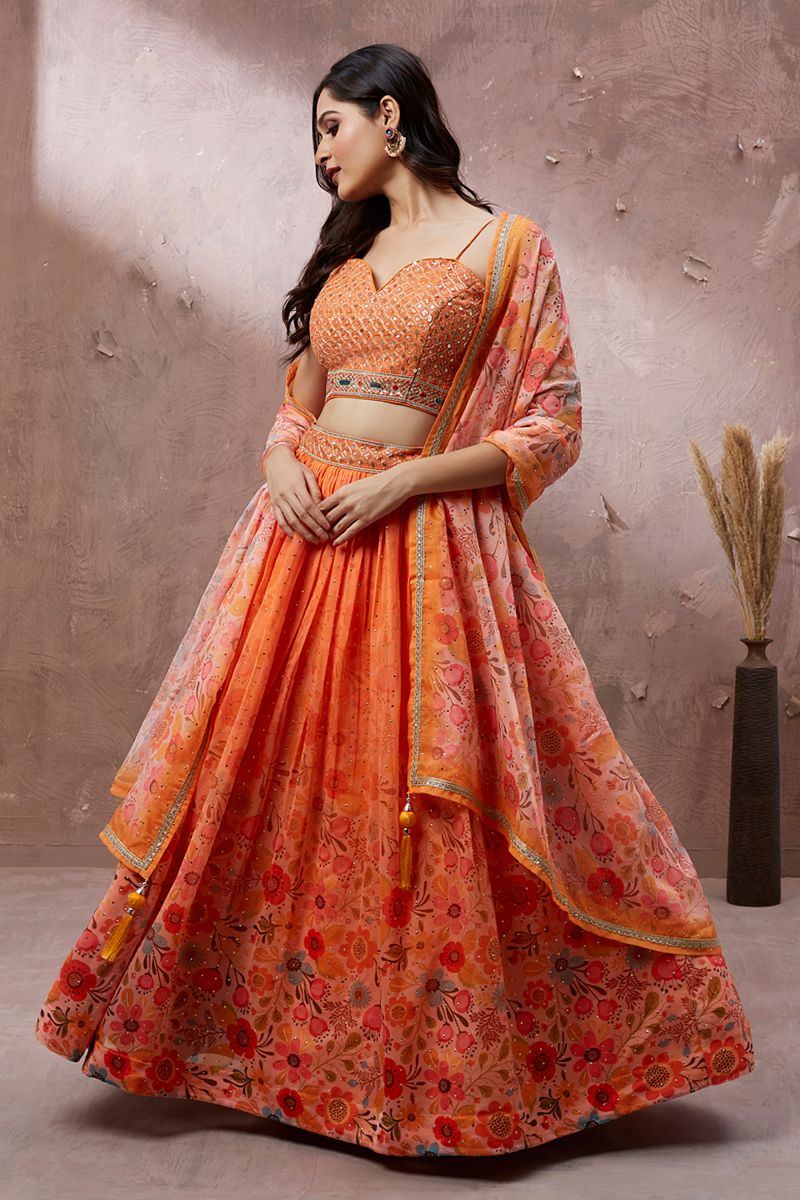 Orange Color Printed Organza Fabric Occasion Wear Lehenga Choli