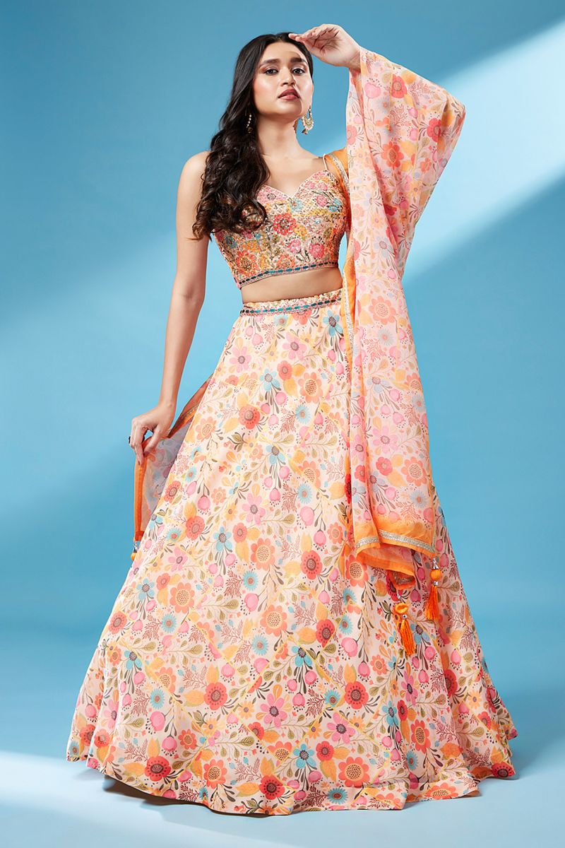 Organza Fabric Occasion Wear Printed Lehenga Choli In Peach Color