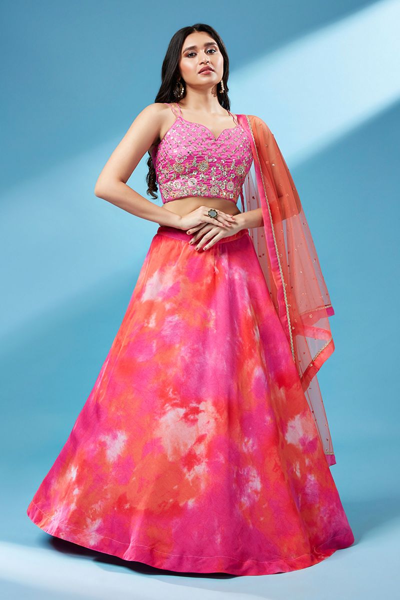 Pink Organza Fabric Printed Work Lehenga With Blouse