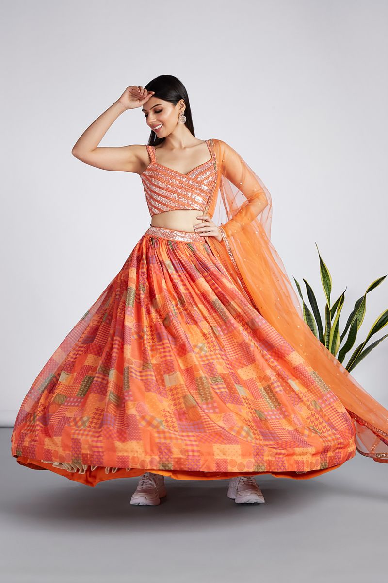 Printed Orange Color Organza Fabric Sangeet Wear Lehenga Choli