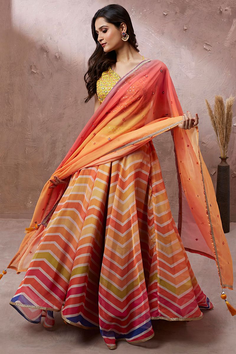 Printed Work On Multi Color Organza Lehenga With Artistic Blouse