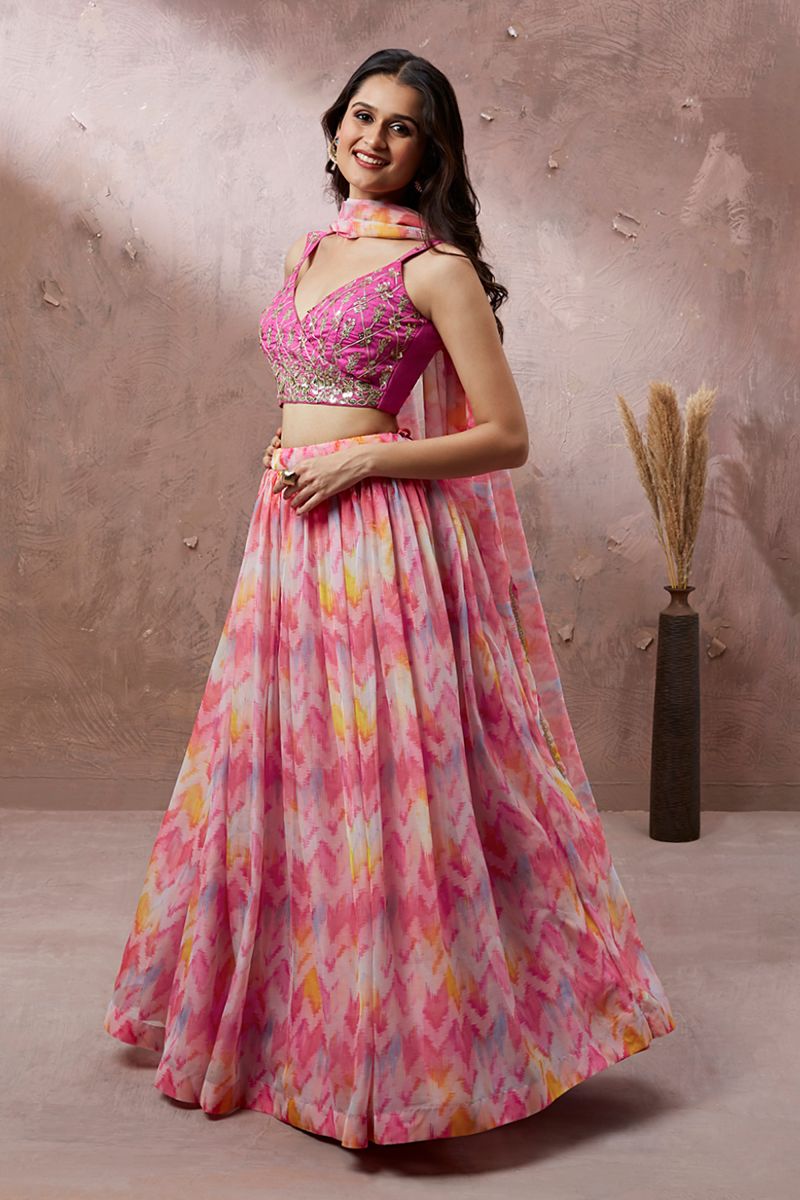 Pink Color Printed Organza Fabric Reception Wear Lehenga With Enchanting Blouse