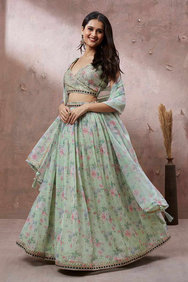 Printed On Sea Green Color Organza Fabric Occasion Wear Lehenga Choli