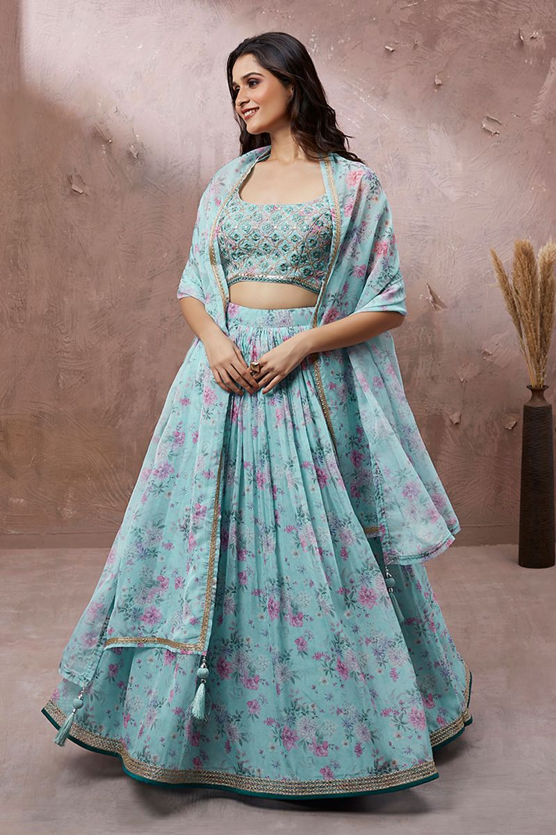 Printed Work Organza Cyan Lehenga With Mesmetic Blouse