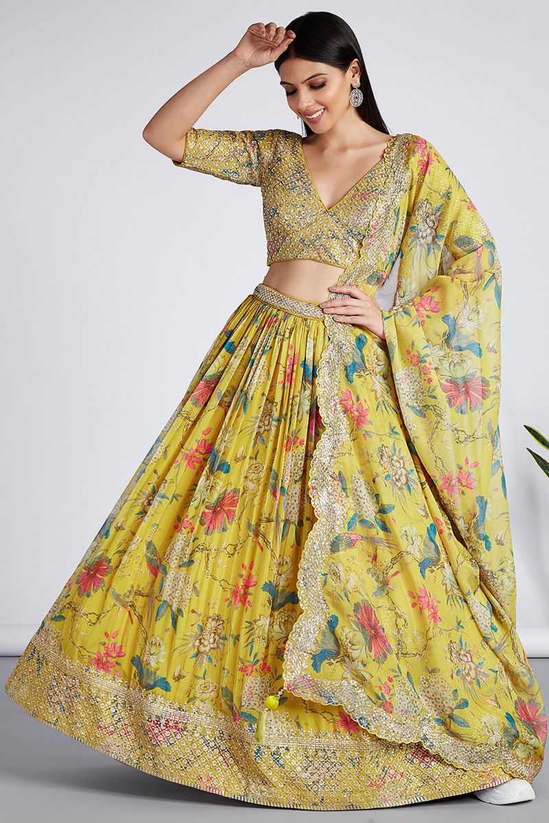 Yellow Printed Work Organza Lehenga With Riveting Blouse