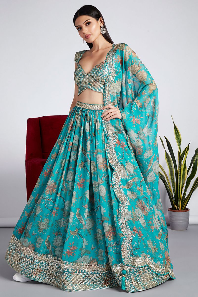 Printed Work On Sea Green Organza 3 Piece Lehenga With Beautiful Blouse