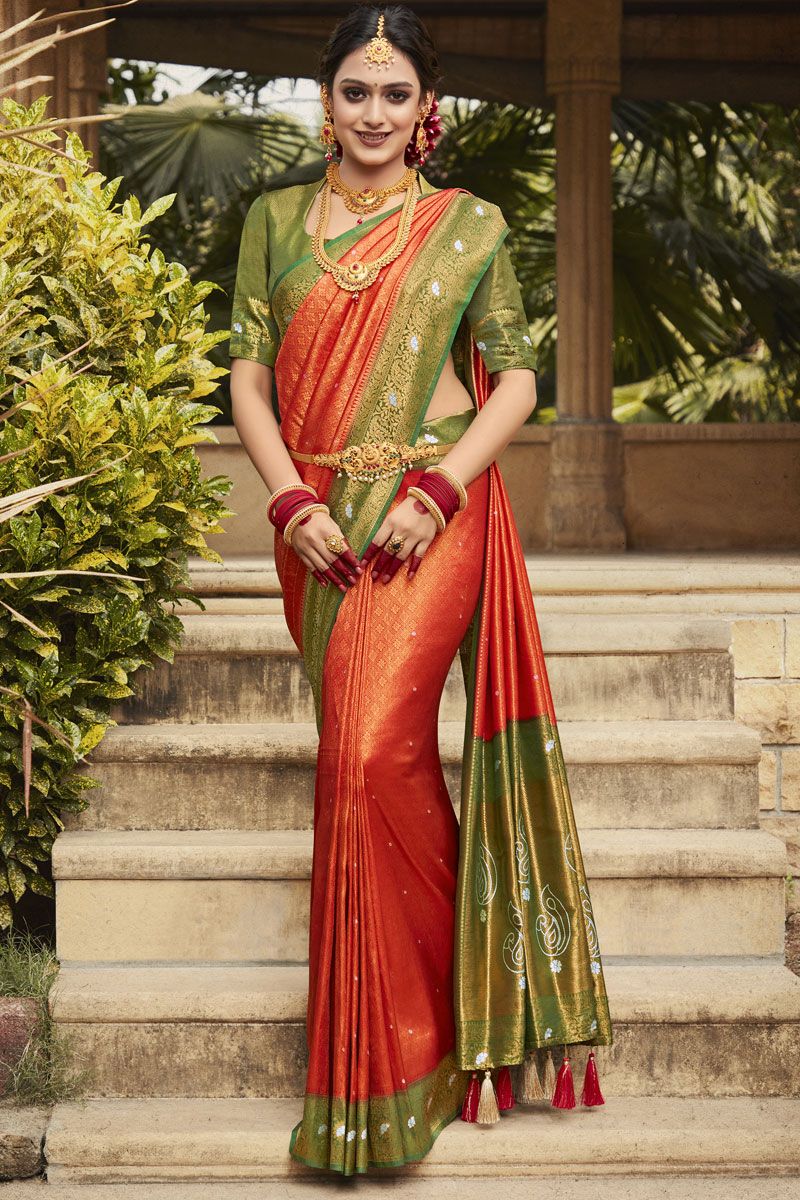 Stunning Kanjivaram Silk Orange Saree with Weaving Work