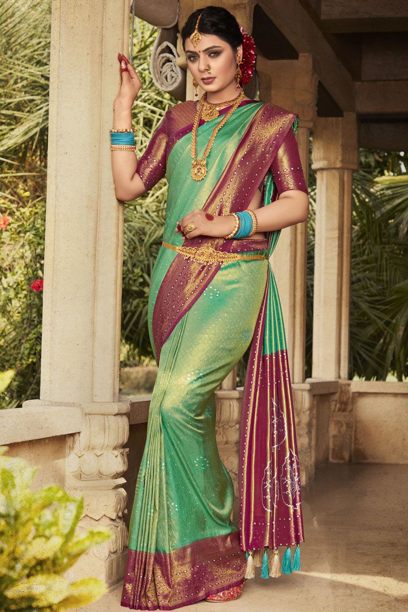 Exquisite Kanjivaram Silk Sea Green Saree with Weaving Work