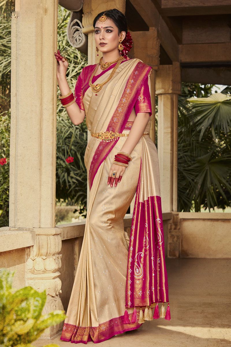 Vibrant Cream Kanjivaram Silk Saree with Weaving Work