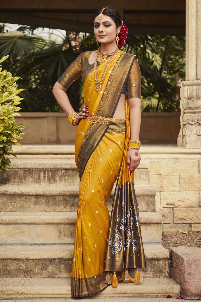 Mustard Beautiful Kanjivaram Silk Saree with Weaving Work