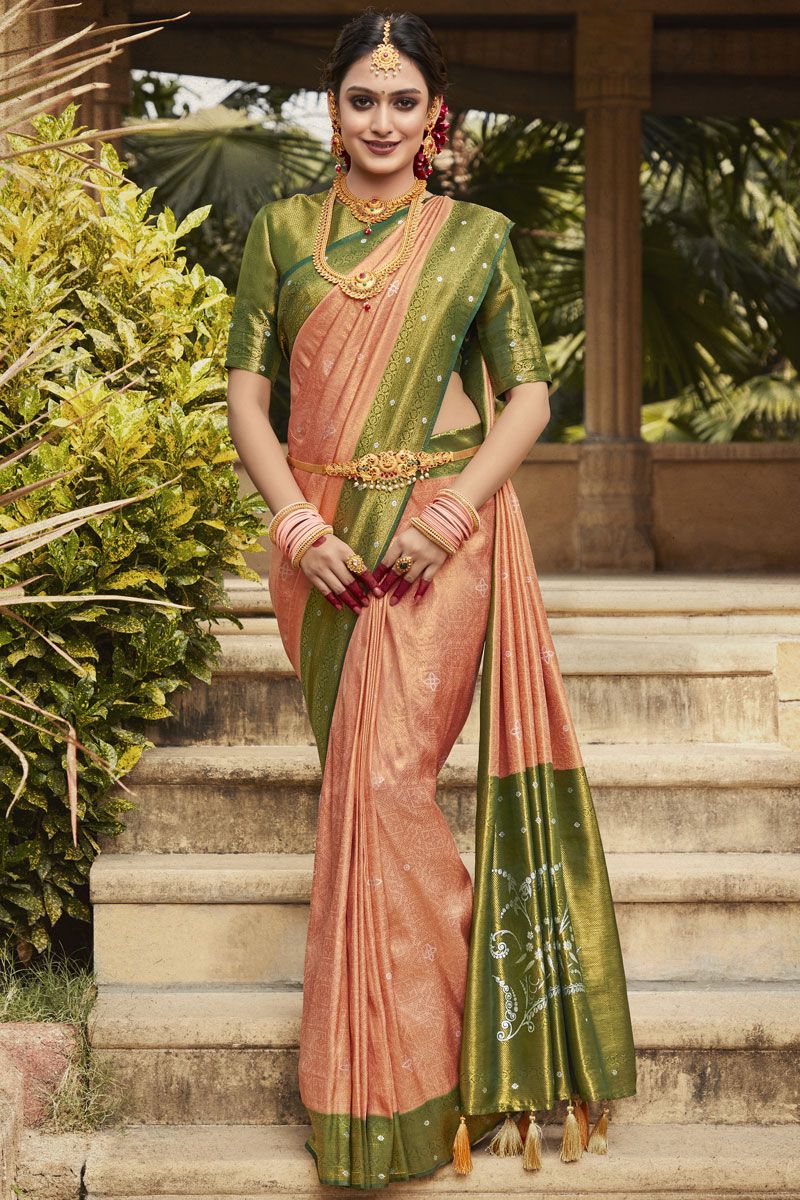 Captivating Peach Kanjivaram Silk Saree with Weaving Work