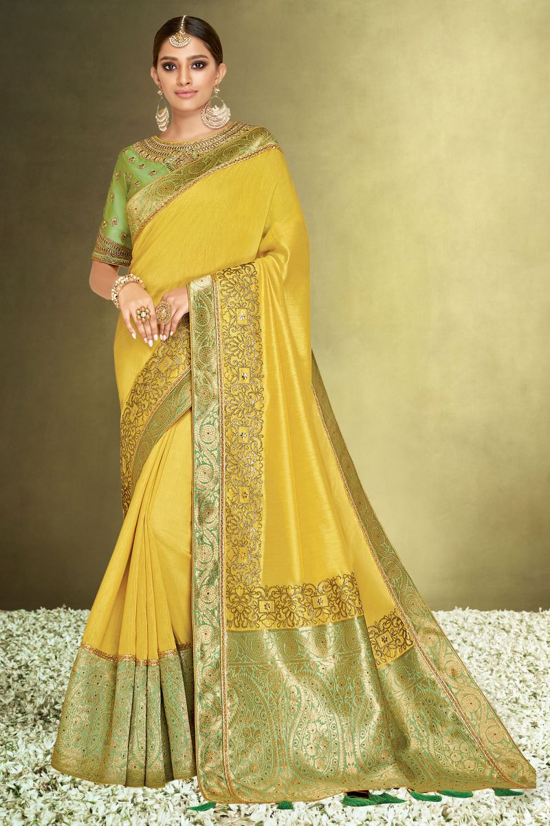 Yellow Color Satin Silk Saree In Function Wear