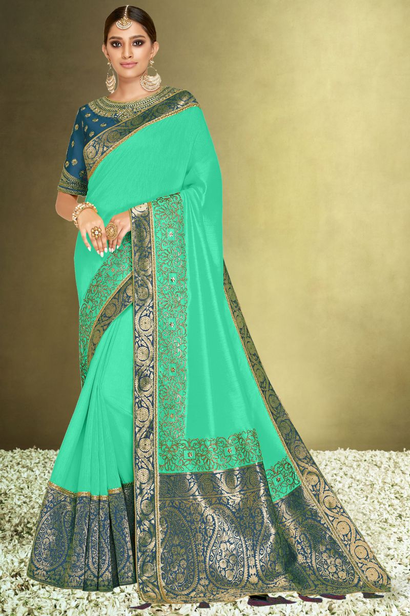 Satin Silk Sea Green Color Saree In Function Wear 