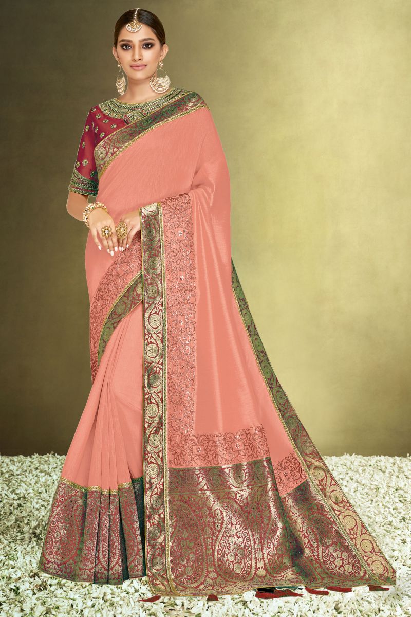 Peach Color Function Wear Satin Silk Beatific Saree