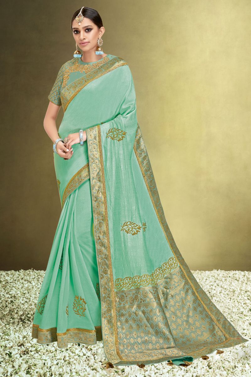 Function Wear Sea Green Color Silk Saree