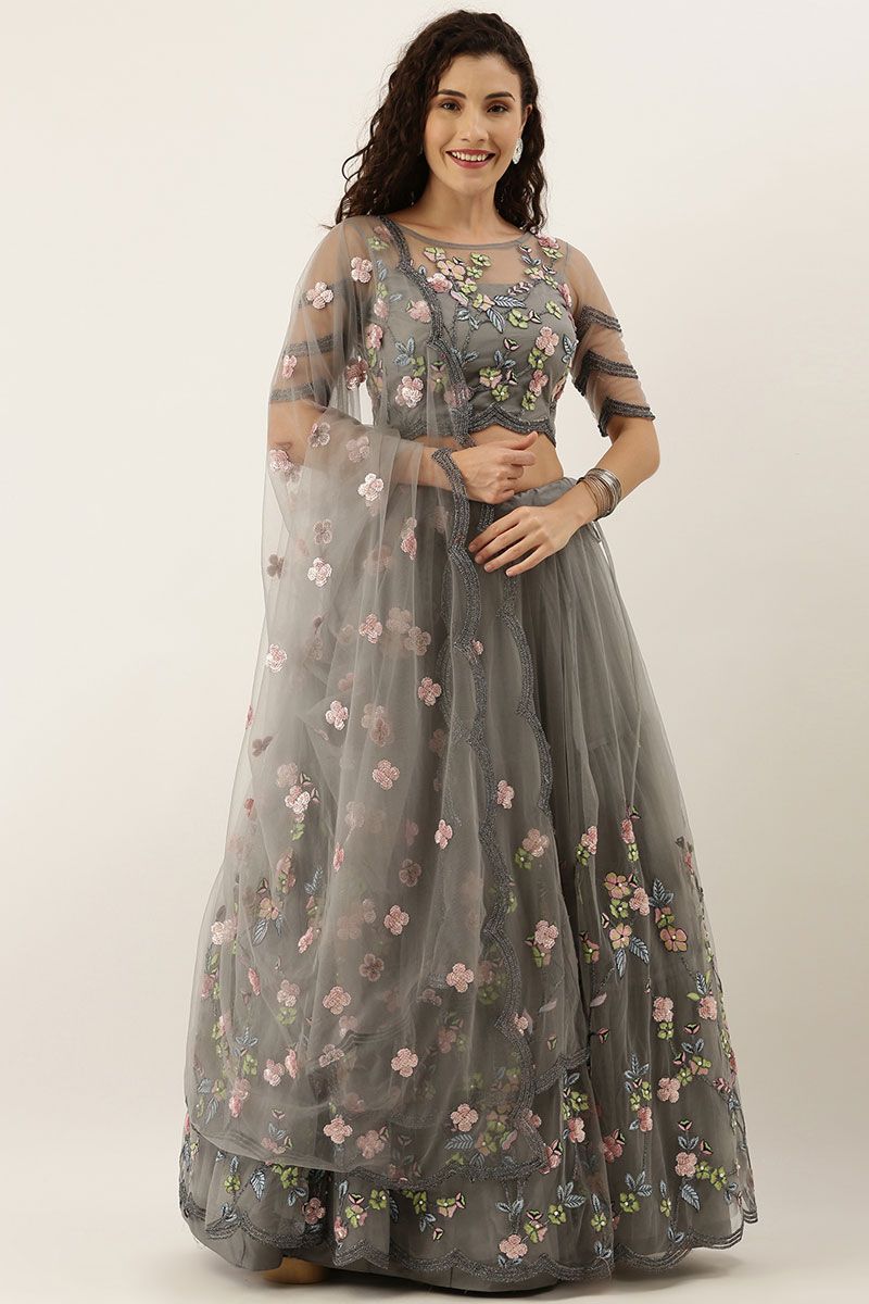 Grey Color Net Fabric Lehenga Choli