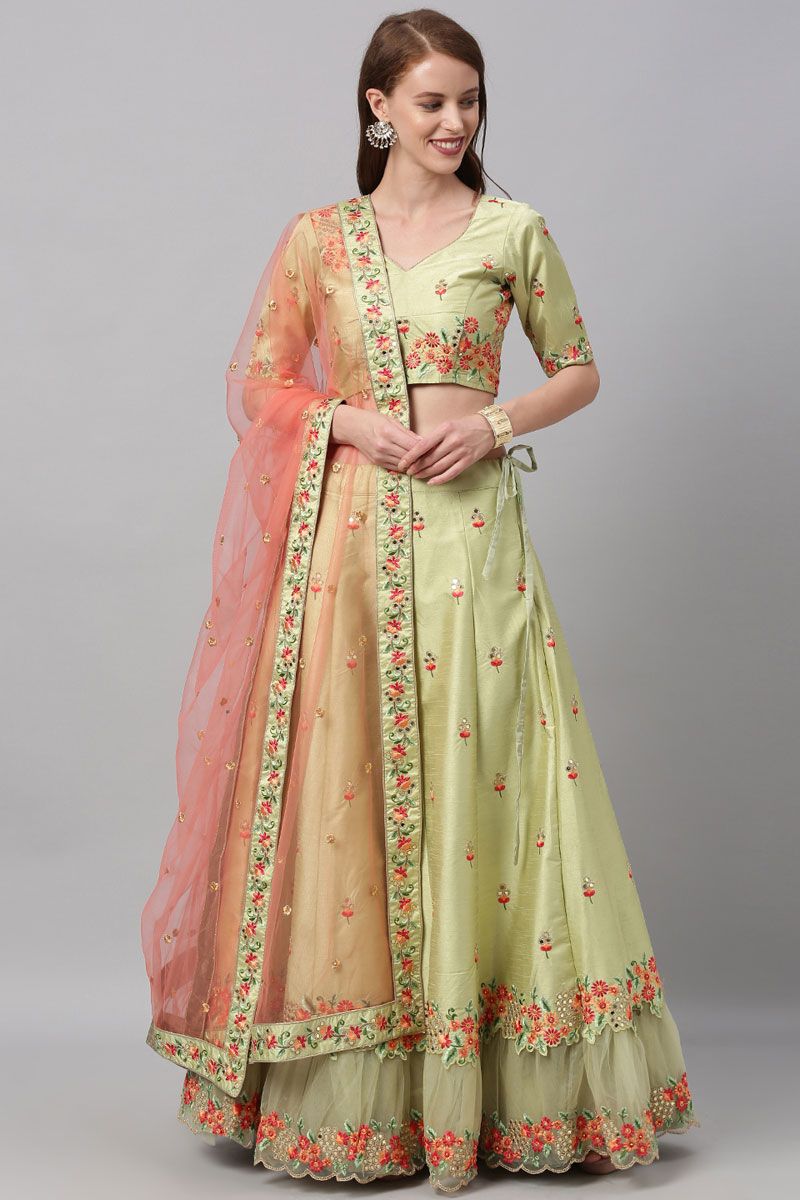 Silk Fabric Sea Green Color Lehenga Choli