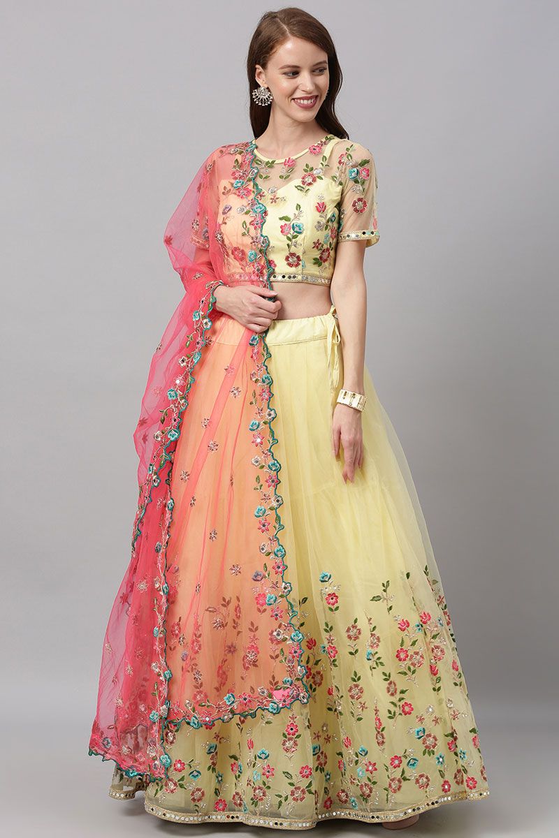 Yellow Color Graceful Embroidered Net Fabric Function Lehenga