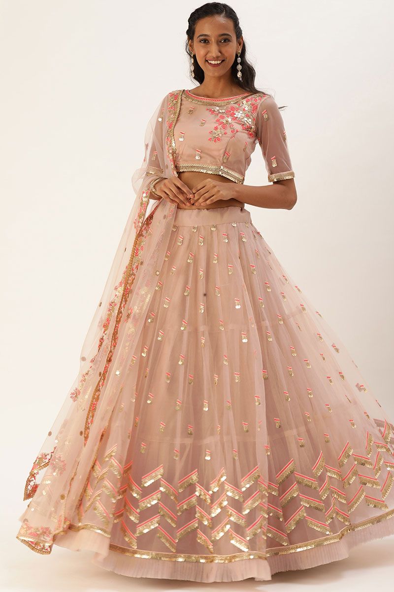 Function Look Embroidered Peach Color Net Lehenga