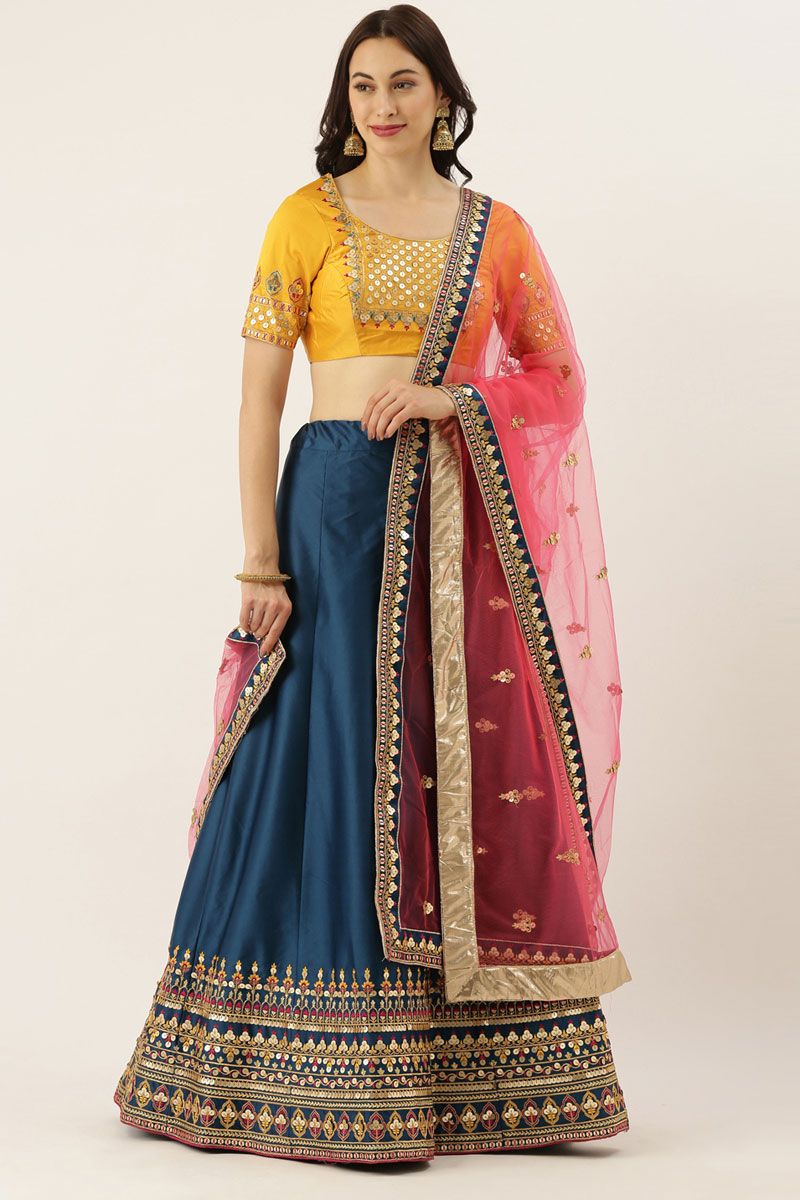 Sequins Work Silk Teal Color Lehenga For Festive Function