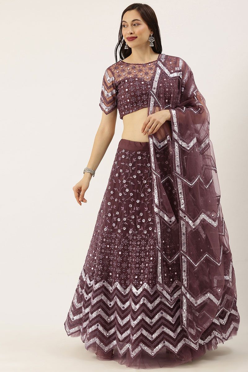 Net Burgundy Color Function Lehenga with Intricate Embroidered