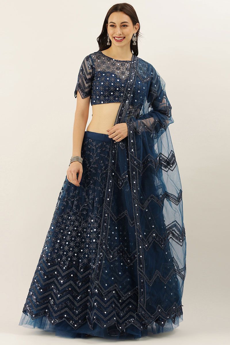 Function Look Navy Blue Color Embroidered Net Lehenga