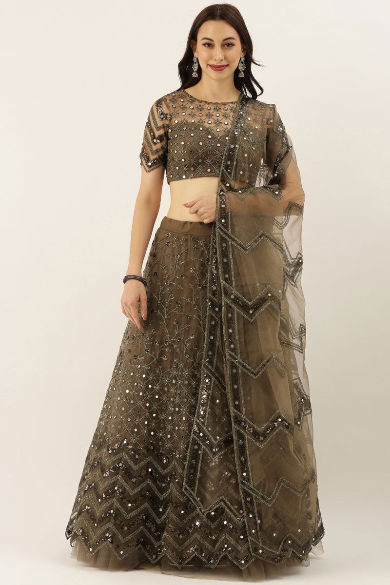 Net Olive Color Lehenga with Exquisite Embroidered