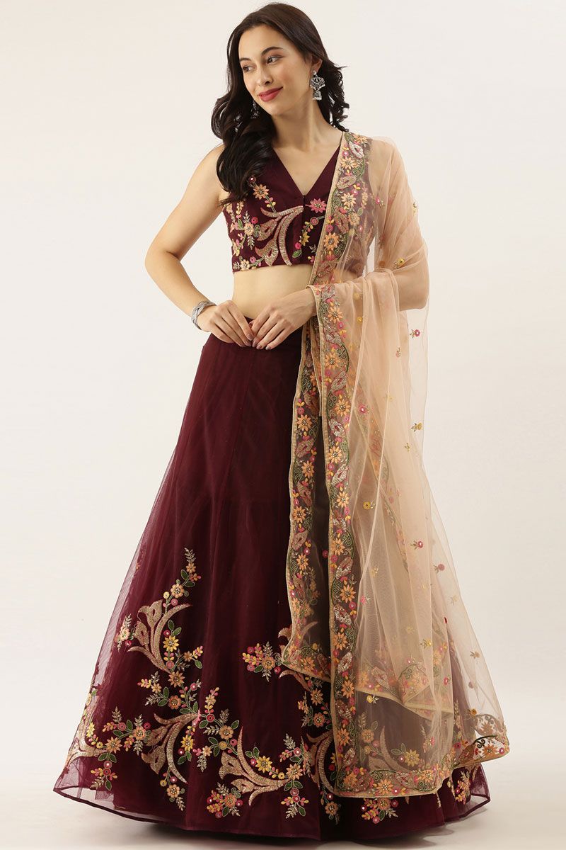 Burgundy Color Elegant Net Lehenga with Intricate Embroidered For Function