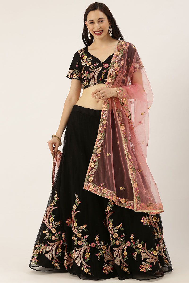 Embroidered Net Black Color Lehenga For Functions and Celebrations